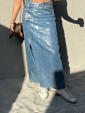 Zara Shimmery Light Blue Denim Maxi Skirt with Front Slit
